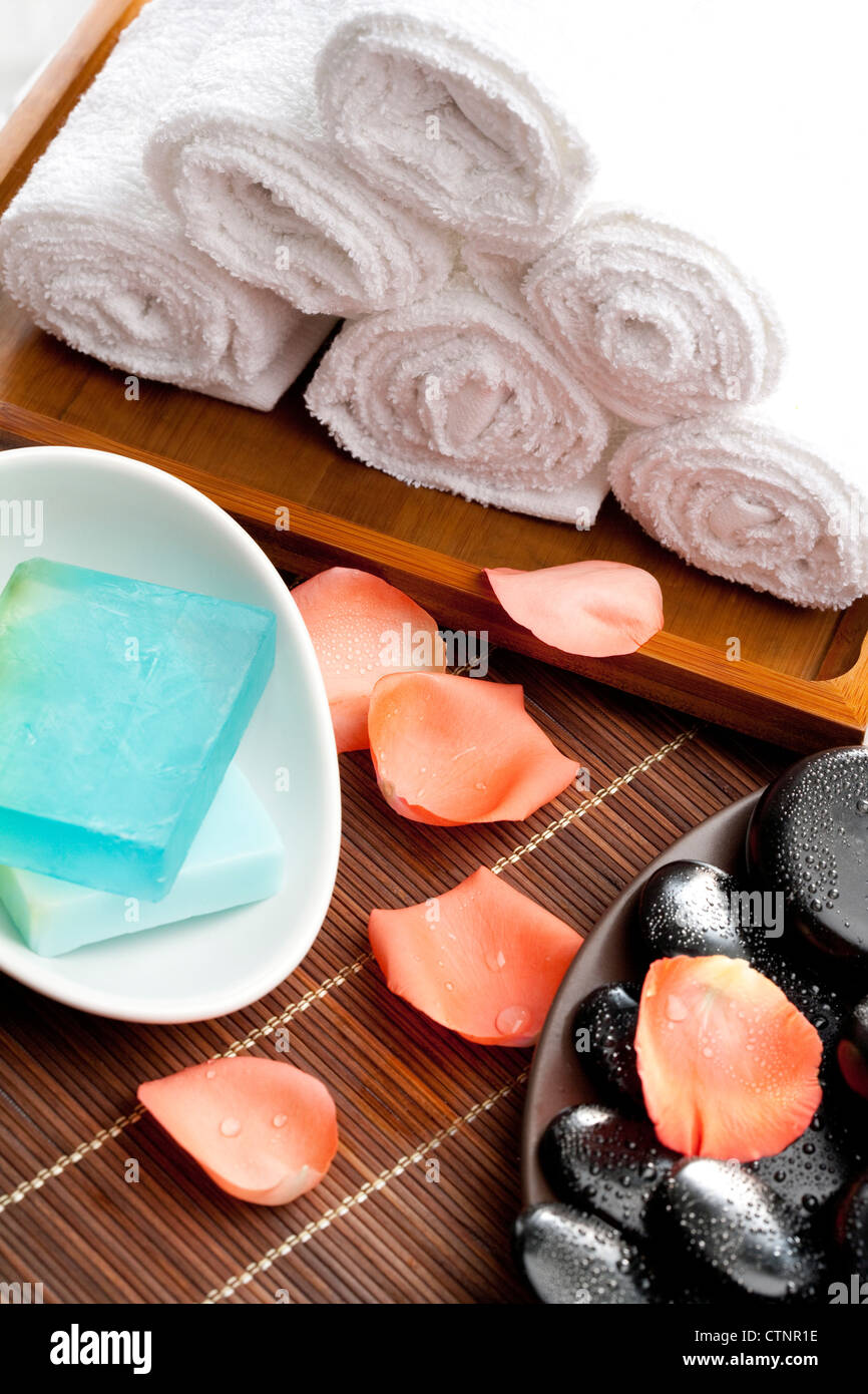 Aromatherapy oil soap and towels Stock Photo Alamy