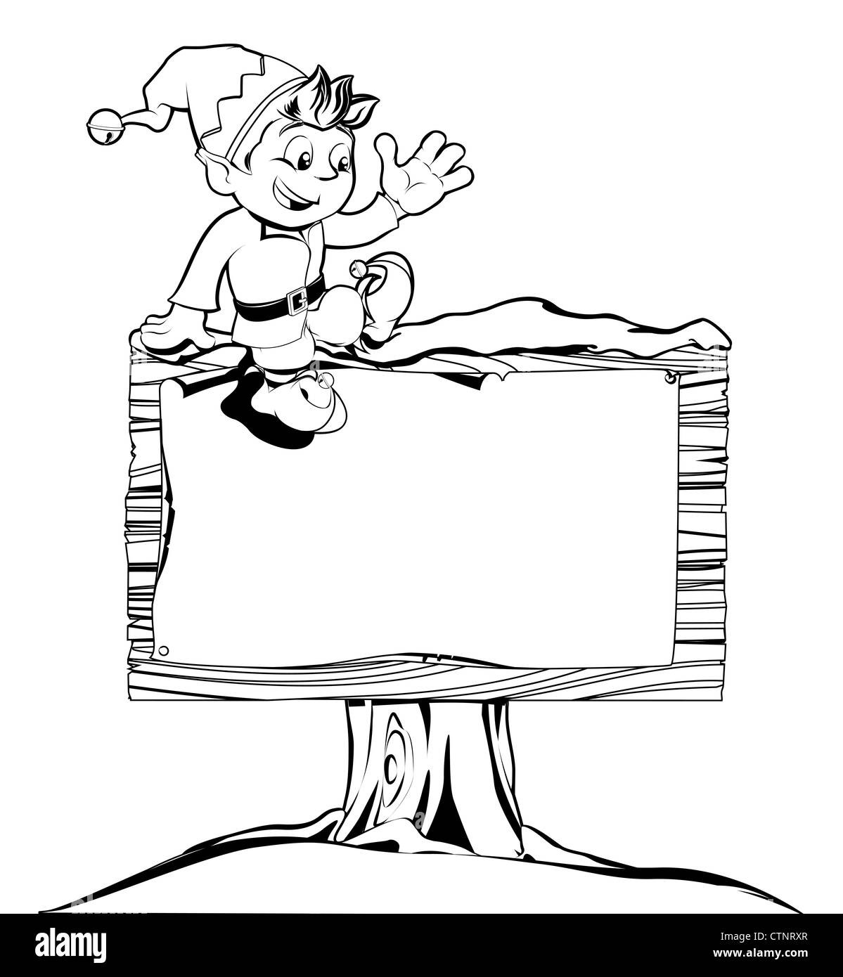 Drawing of a happy Christmas elf sitting on a sign Stock Photo
