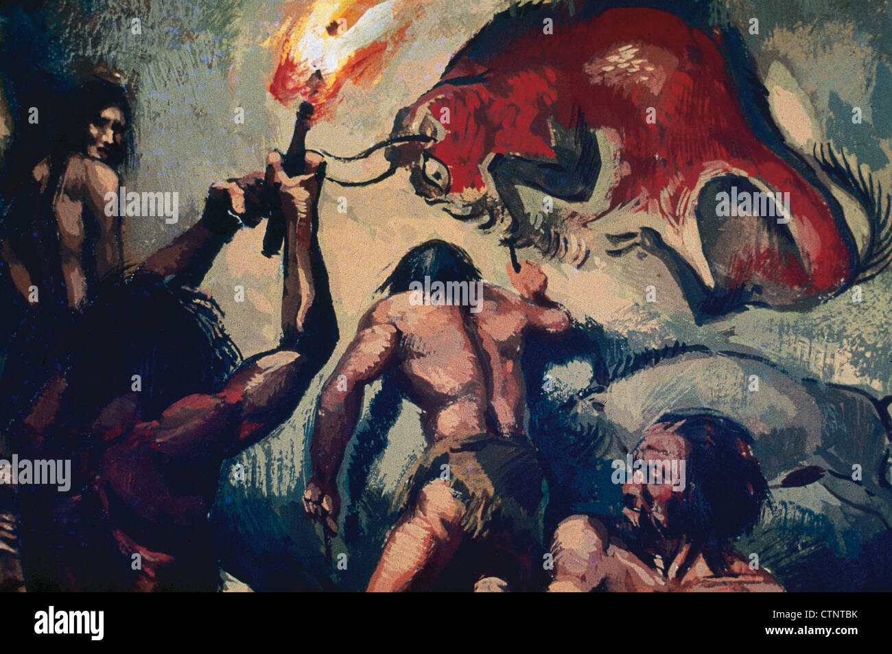 Prehistory. Upper Paleolithic. Homo Sapiens painting a bison during a ...