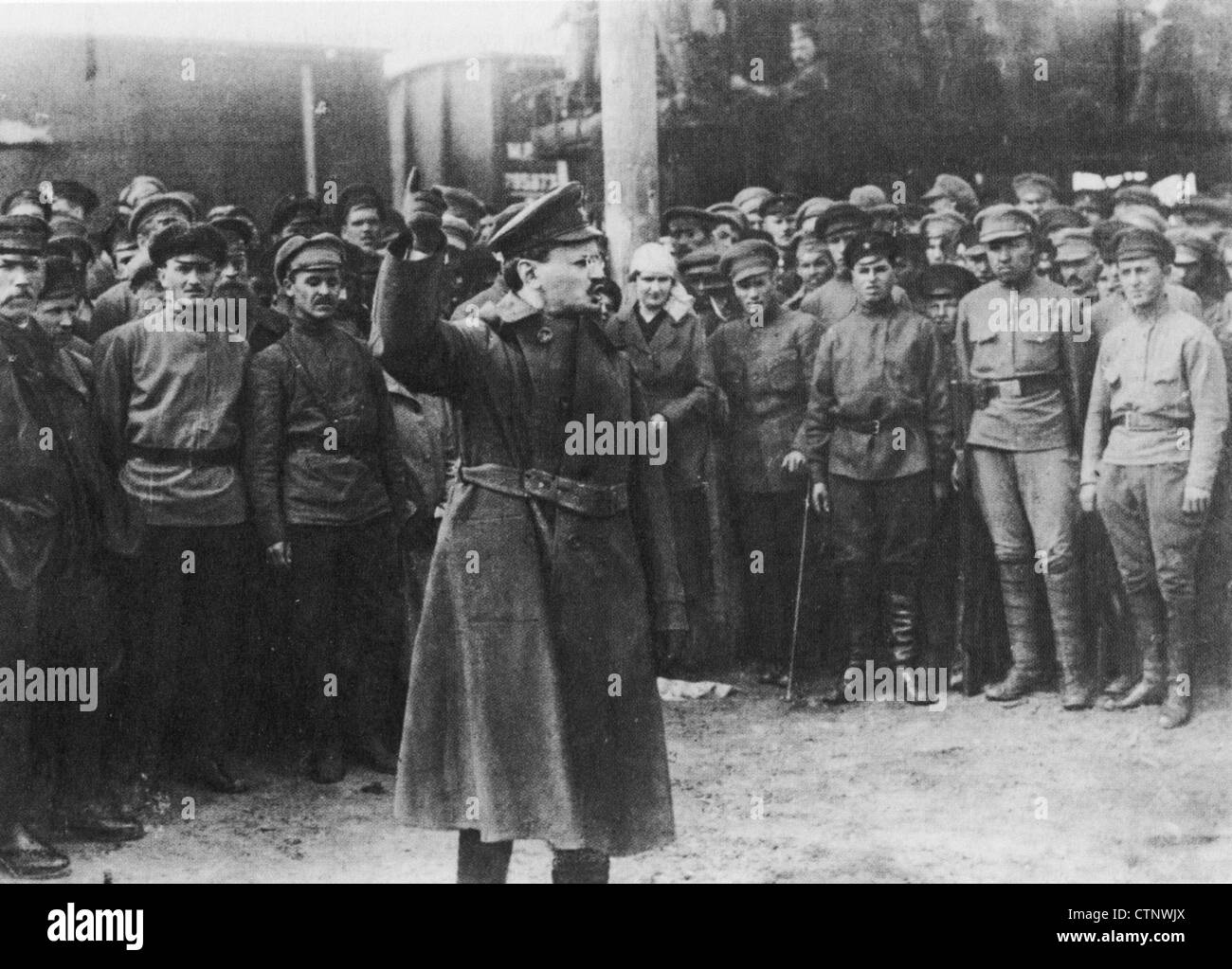 LEON TROTSKY (1879-1940) as Soviet Commissar for War makes a rousing speech to Red Army soldiers in 1919 Stock Photo
