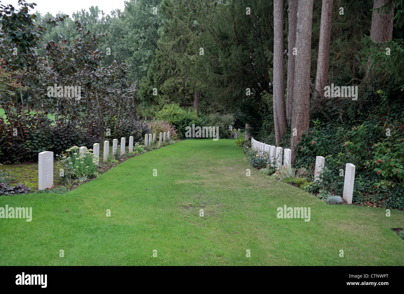 Lines of British graves (SEE NOTES) in the St. Symphorien Military Cemetery, Mons, Hainaut, Belgium. Stock Photo