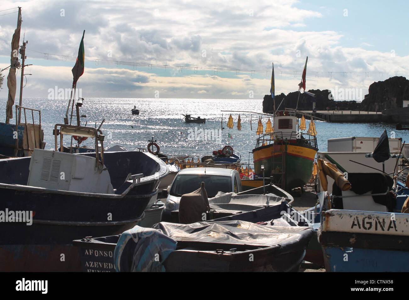 Fishing boats, Winston Churchill Bay, Madeira Stock Photo