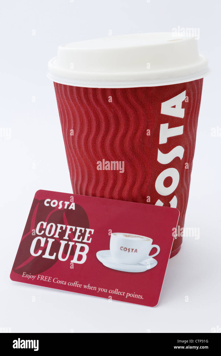 Costa coffee disposable paper cup with plastic drink-through lid and coffee club loyalty card isolated on plain background Stock Photo