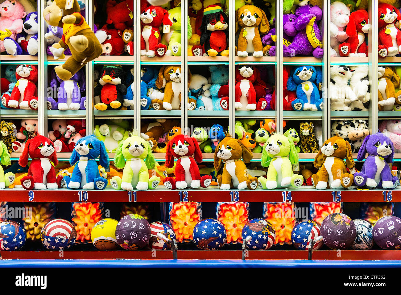 Stuffed animals prizes at a carnival game. Stock Photo