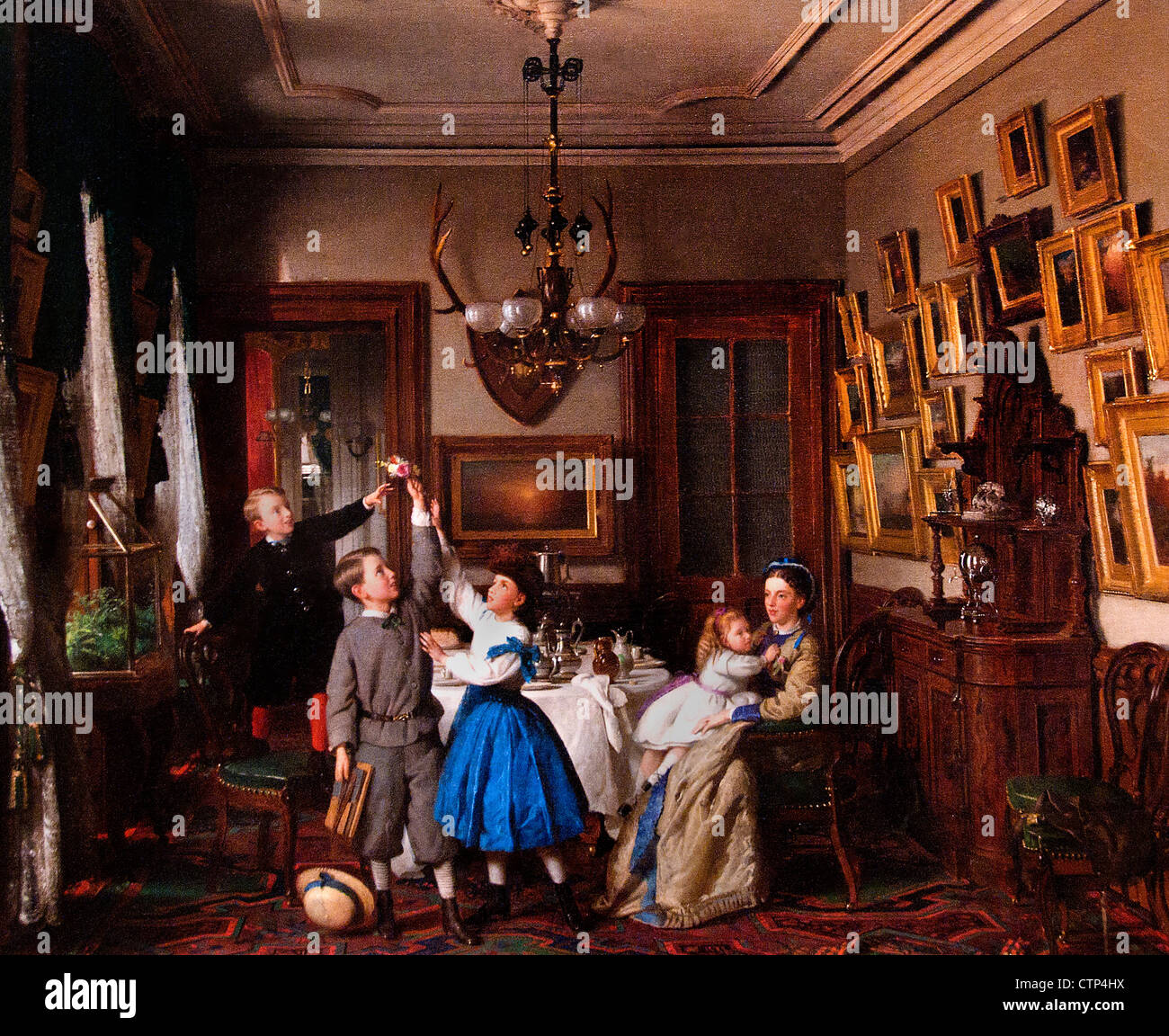 The Contest for the Bouquet: The Family of Robert Gordon in Their New York Dining-Room 1866 Seymour Joseph Guy  (1824–1910) Stock Photo