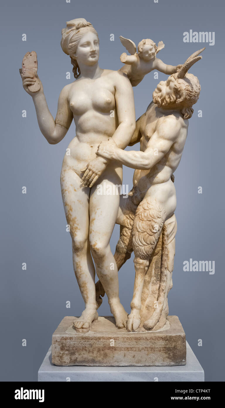 Aphrodite fends off Pan with a sandal while Eros flutters overhead. The  so-called "Slipper Slapper" group from Delos, ca 100 BC Stock Photo - Alamy