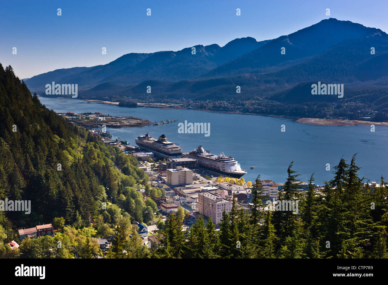 Aerial view of downtown Juneau and Lynn canal looking South over the Gold Creek Valley, Southeast Alaska, Summer Stock Photo