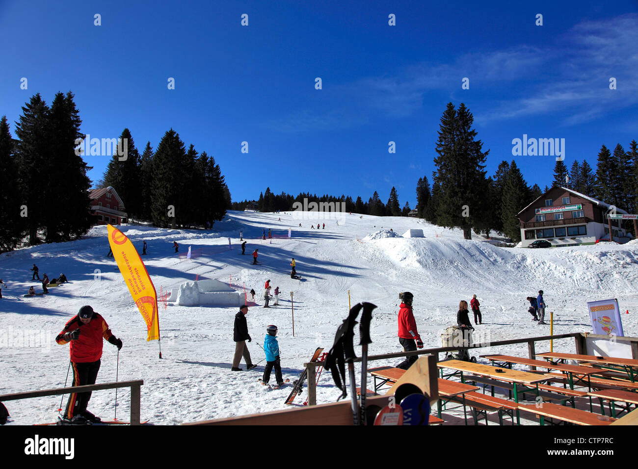 skiers on the slopes, Feldberg ski resort, Schwarzwald, Black Forest, Germany, Europe Stock Photo