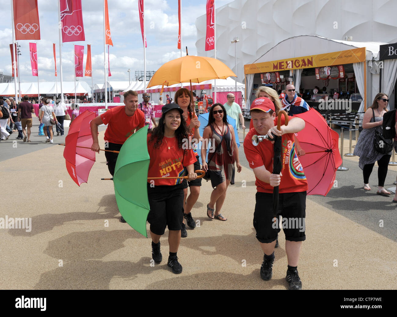 Atmosphere at the Olympic Park in Stratford, East London on the first day of the London 2012 Olympics Stock Photo