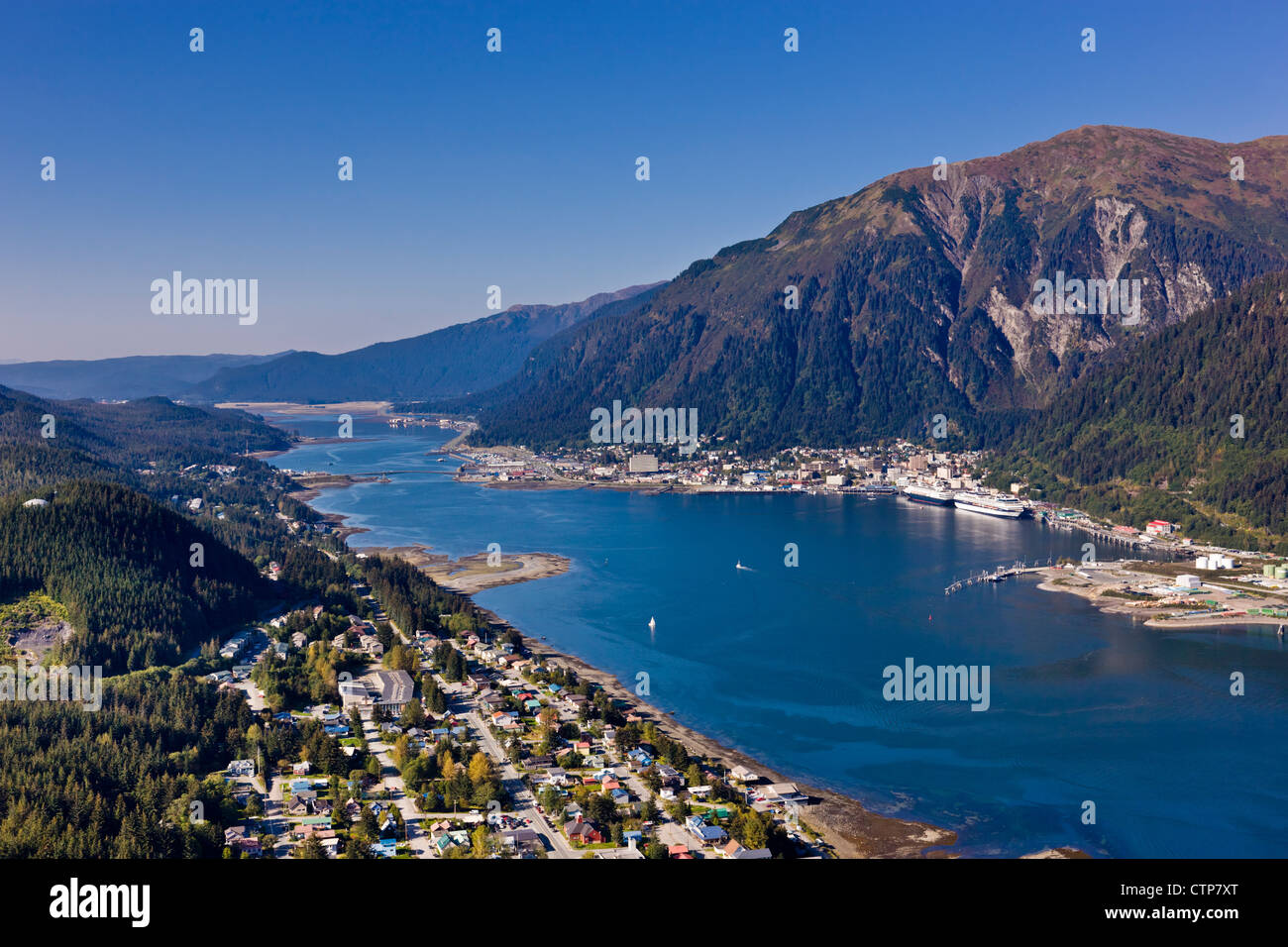 Aerial view looking from above Douglas Island towards Lynn canal and downtown Juneau, Southeast Alaska, Summer Stock Photo