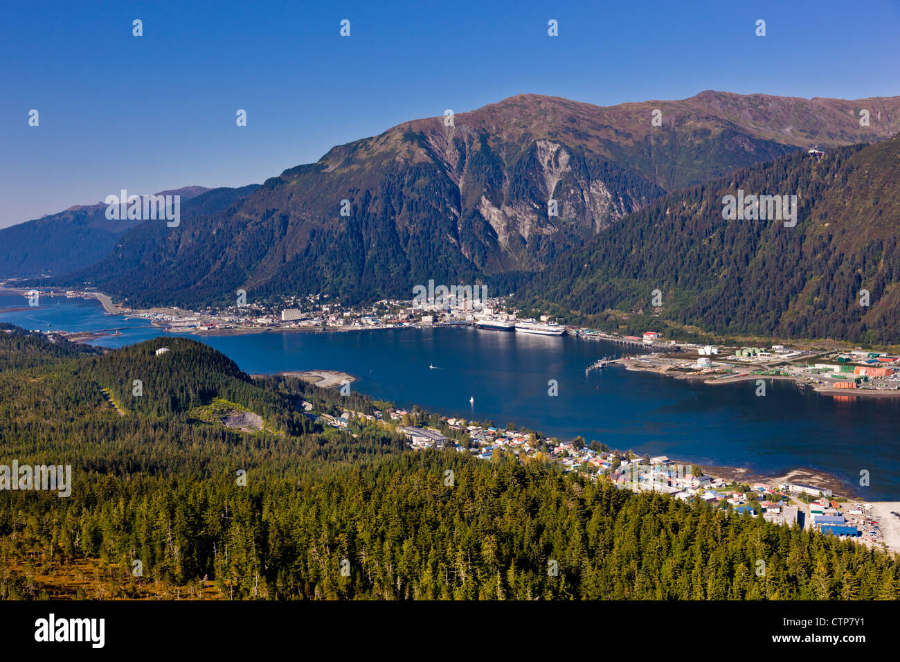 Aerial view looking from above Douglas Island towards Lynn canal and