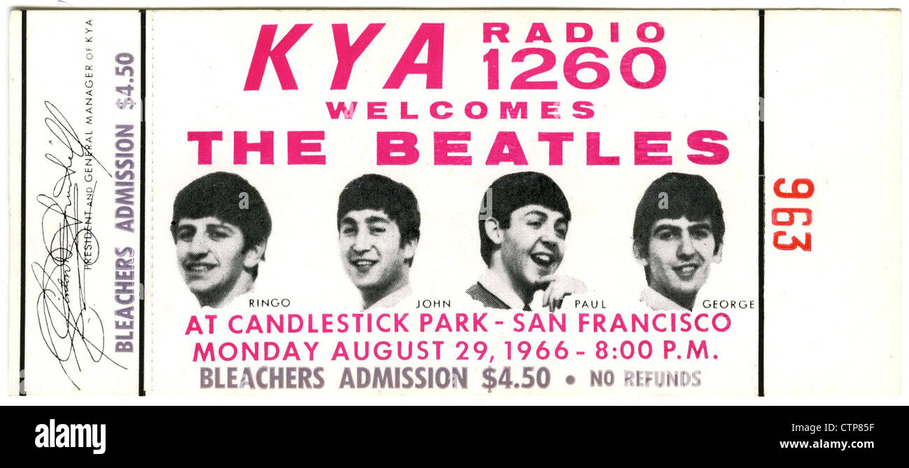 001561 - An unused concert ticket from the Beatles concert at Candlestick Park San Francisco on 29th August 1966 Stock Photo