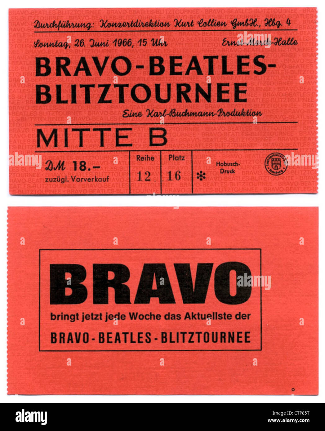 001566 The Beatles Bravo Blitztournee Concert Ticket 001566 The Beatles Bravo Blitztournee Concert Ticket