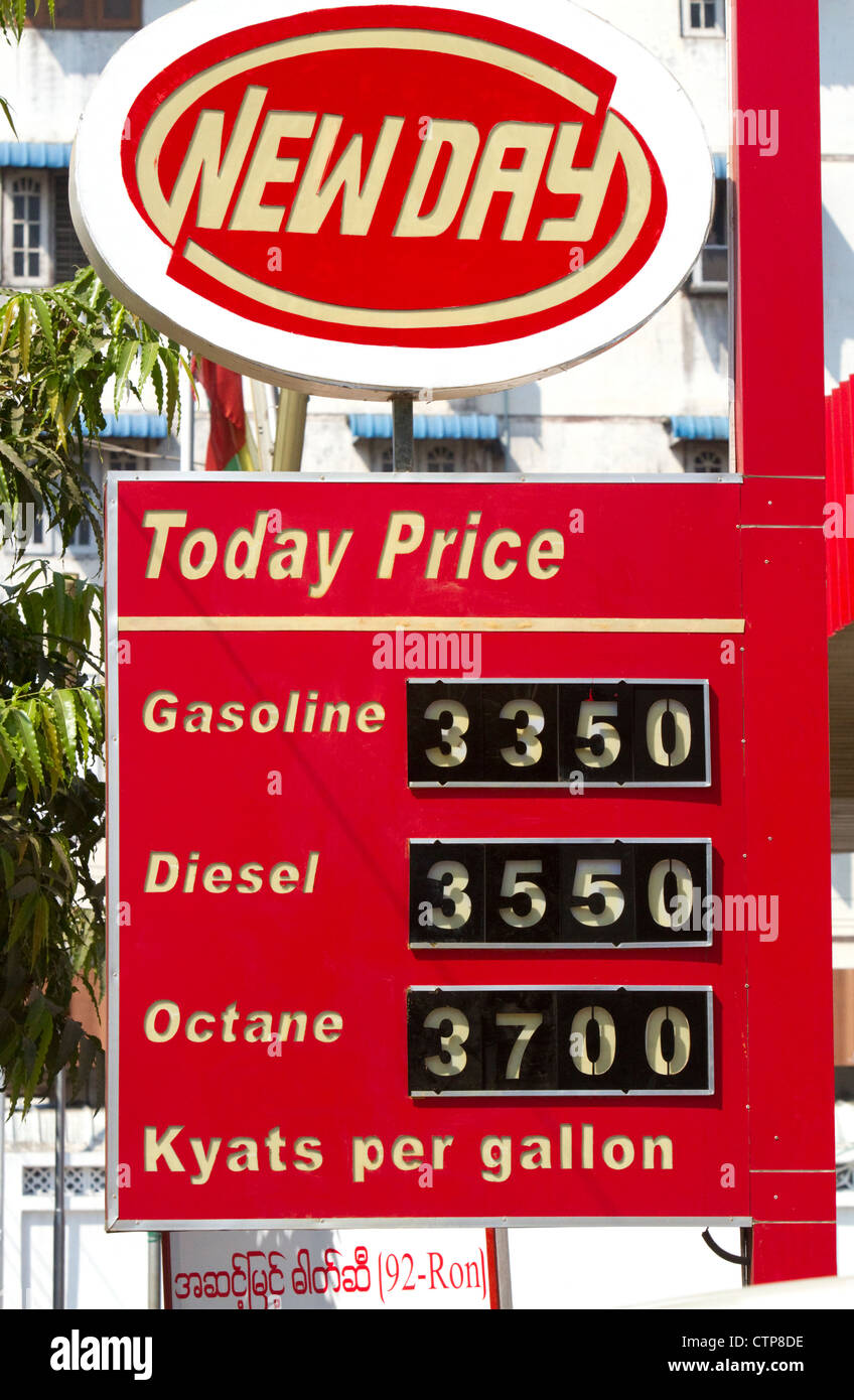 Automobile fuel prices in Kyat currency at a gas station in (Rangoon) Yangon, (Burma) Myanmar. Stock Photo