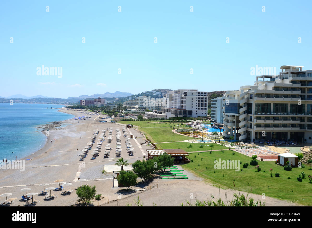 The northernmost point with exclusive hotel properties of Faliraki beach on the Greek island of Rhodes. Stock Photo
