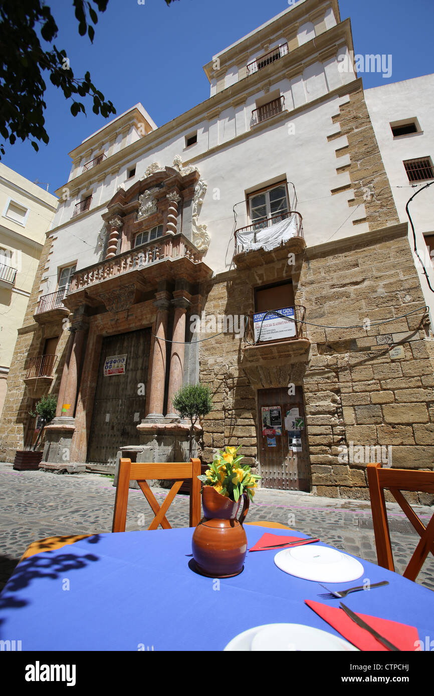 City of Cadiz, Spain. Picturesque view of a pavement restaurant table set for lunch at the Plaza San Martin. Stock Photo