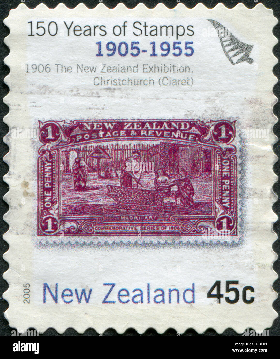 Postage stamps printed in New Zealand, is dedicated to the 150th anniversary postage stamp NZ, shows Maori Art, circa 2005 Stock Photo