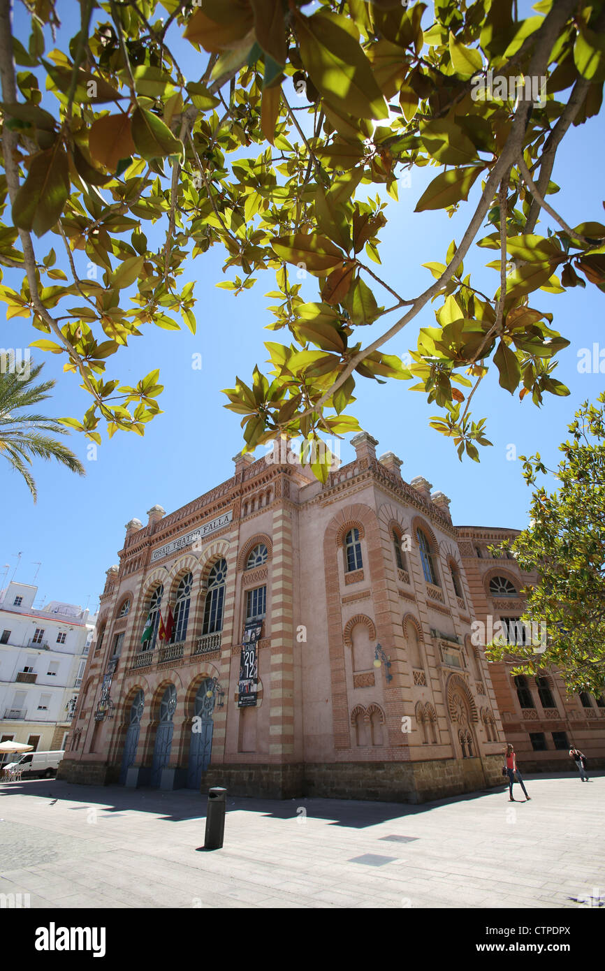 City of Cadiz, Spain. Picturesque view of the Falla Grand Theatre (Gran Teatro Falla) at Plaza de Falla Square. Stock Photo