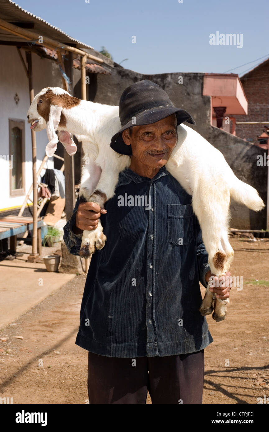 local villager in rural village street with a young goat on his back Stock Photo