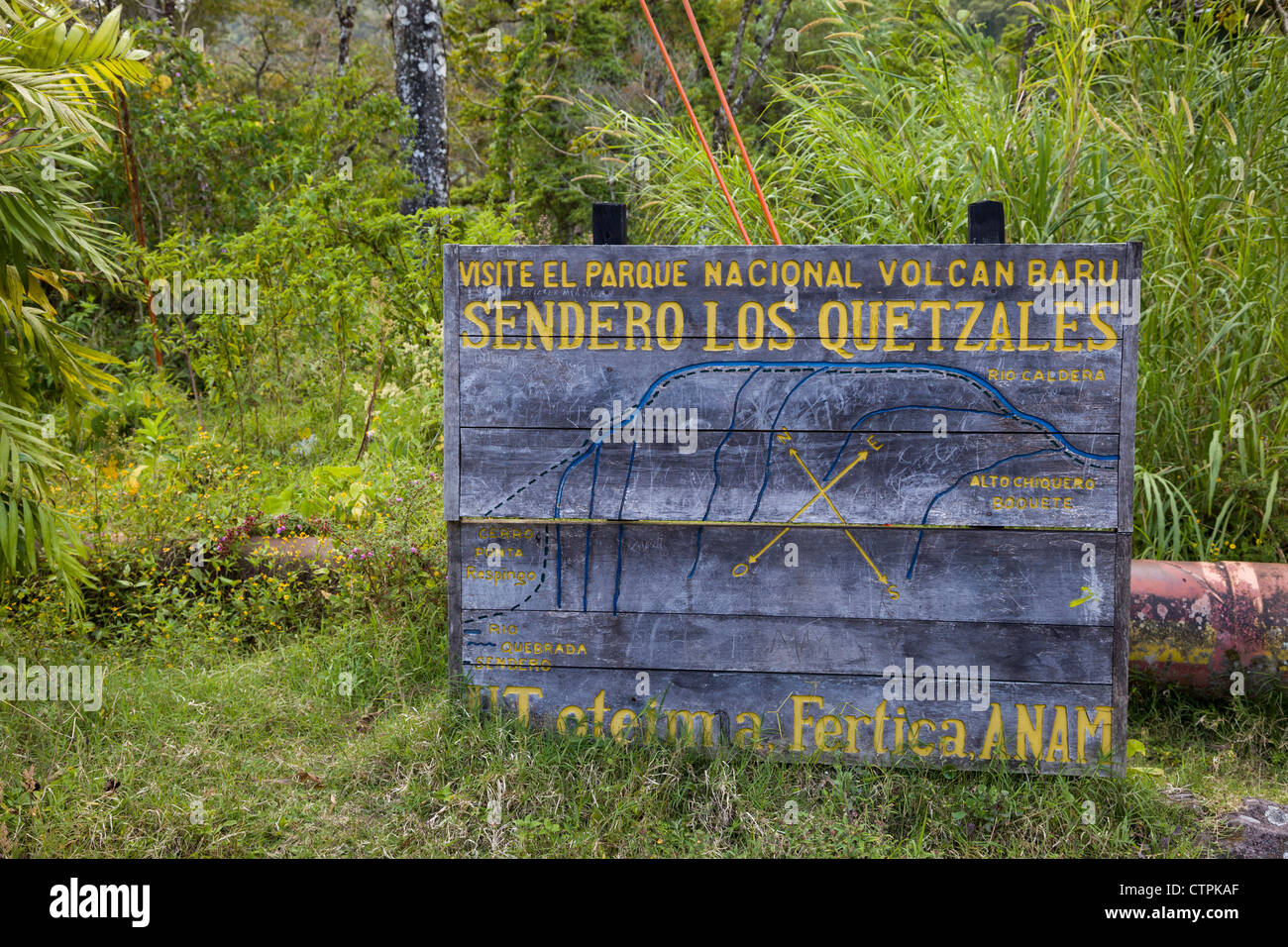 Wooden map of Sendero Los Quetzales trail near Volcan Baru National Park outside of Boquete, Chiriqui Province, Panama. Stock Photo