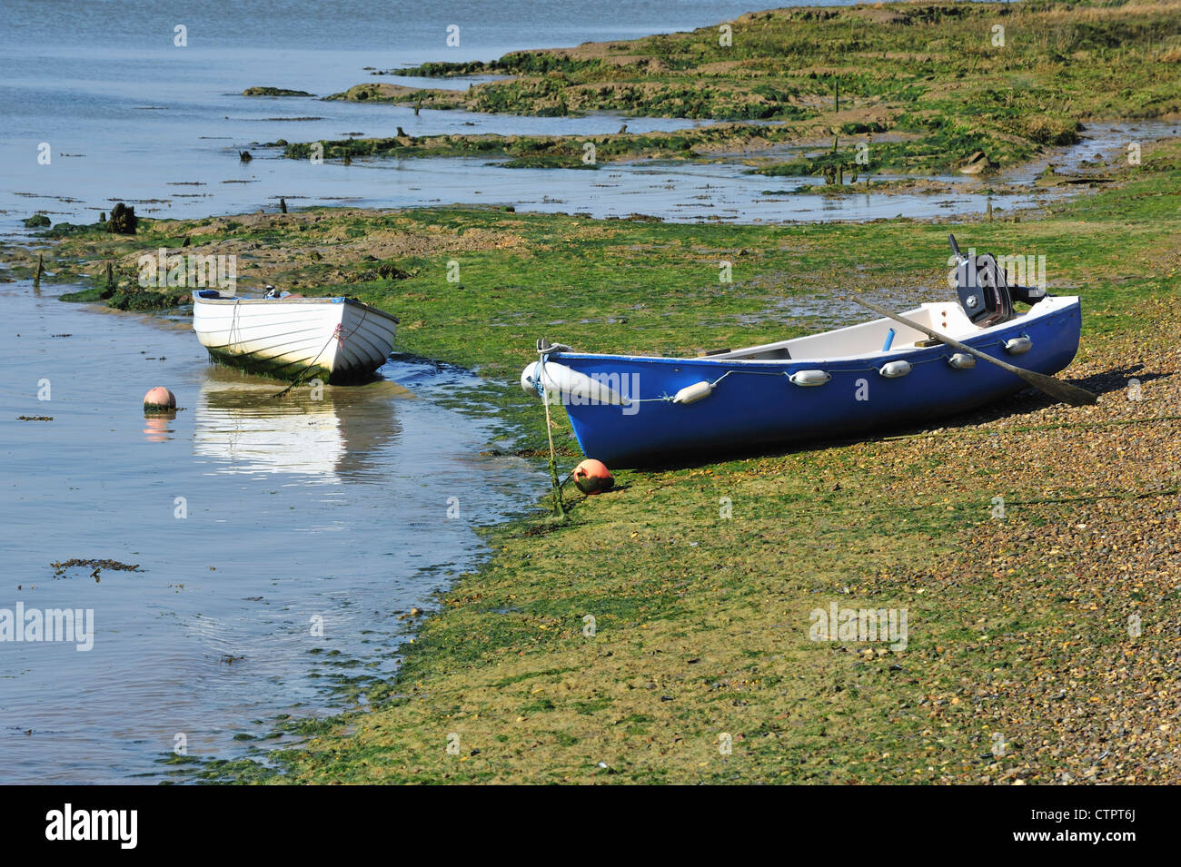 Blue boat, West Mersea, UK Stock Photo