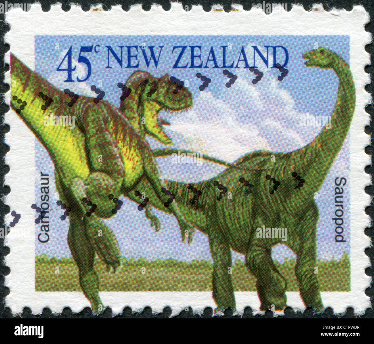 NEW ZEALAND - CIRCA 1993: Postage stamps printed in New Zealand, shows dinosaurs - Carnosaur, sauropod, circa 1993 Stock Photo