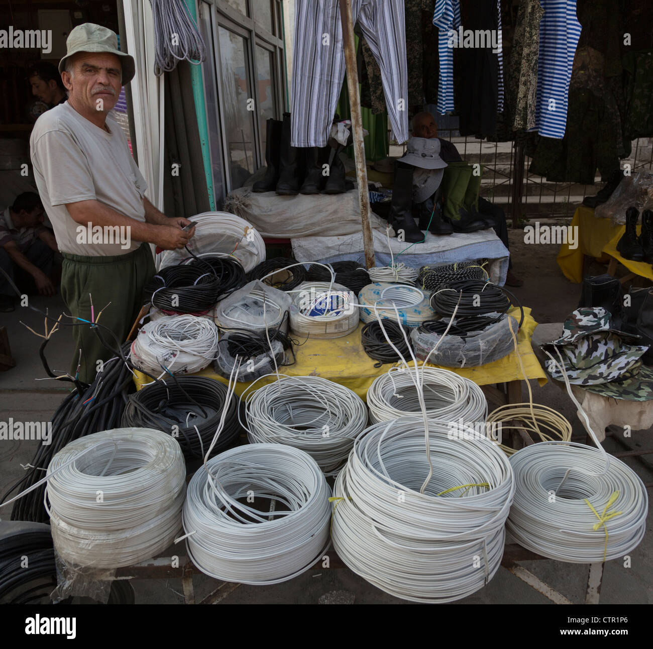 wire seller, Sheikh Mansur market, Dushanbe, Tajikistan Stock Photo