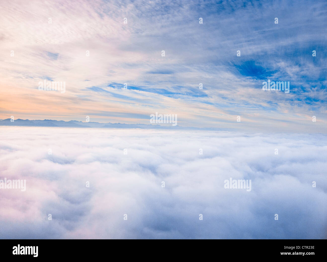 Aerial of fog covering Cook Inlet, Anchorage, Southcentral Alaska, Autumn Stock Photo