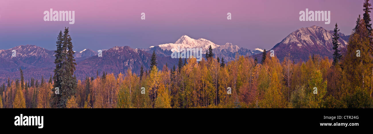 Panorama scenic of Mt. McKinley as seen from the Veterans Memorial in Denali State Park, Southcentral Alaska, Autumn Stock Photo