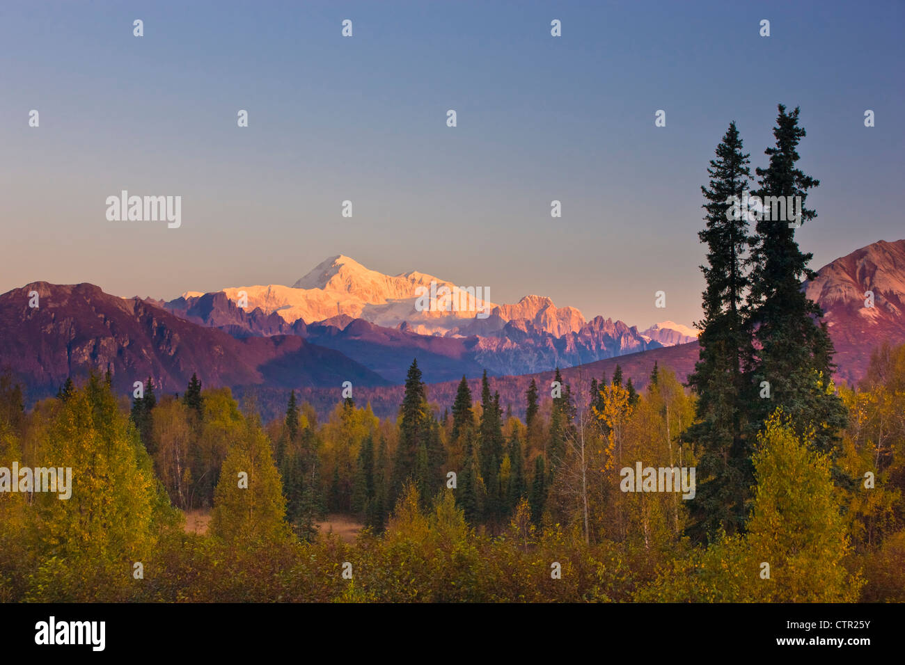 Panorama scenic sunrise on Mt McKinley Alaska Range as seen Veterans