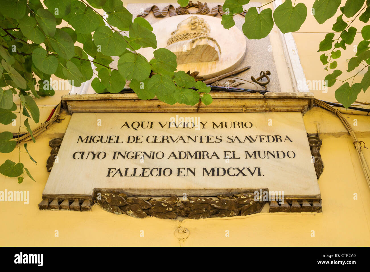 Plaque outside house in Madrid, Spain, where writer Miguel de Cervantes Saavedra lived and died. Stock Photo