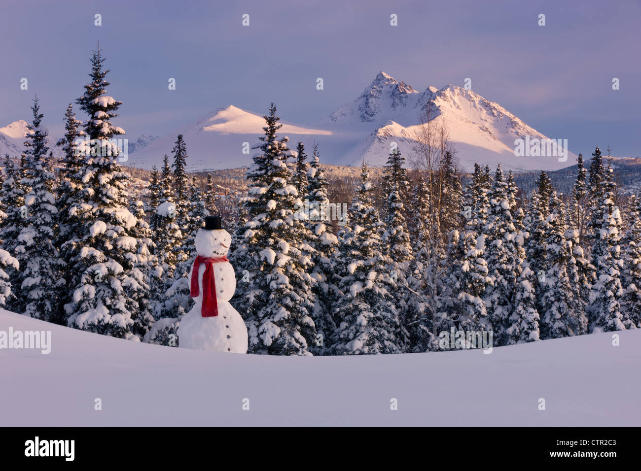 Scenic view Chugach Mountains snowman wearing scarf top hat in foreground Anchorage Southcentral Alaska Winter Stock Photo
