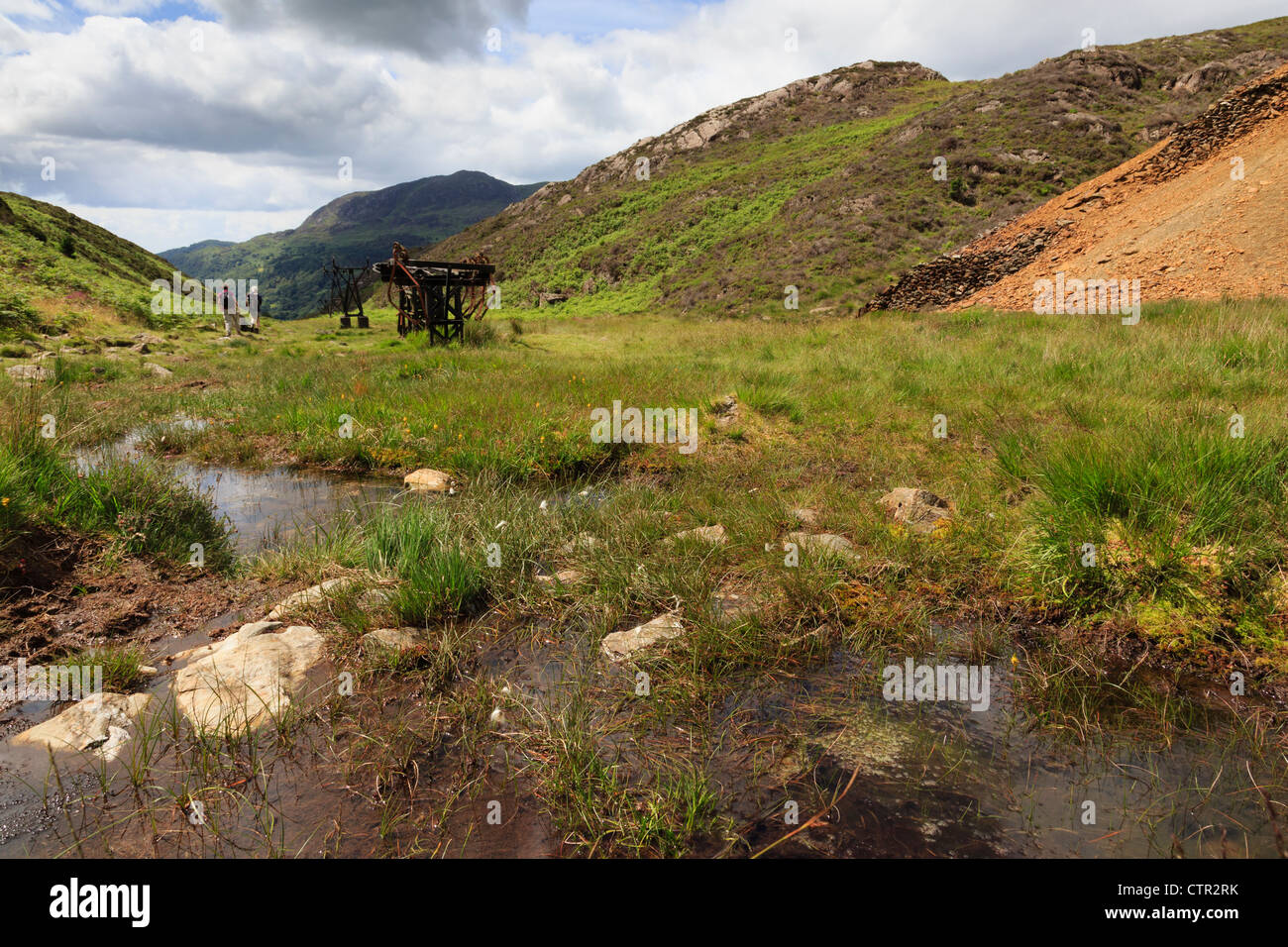Old copper mine workings and slag in Cwm Bychan valley in Snowdonia National Park near Beddgelert, Gwynedd, North Wales, UK Stock Photo