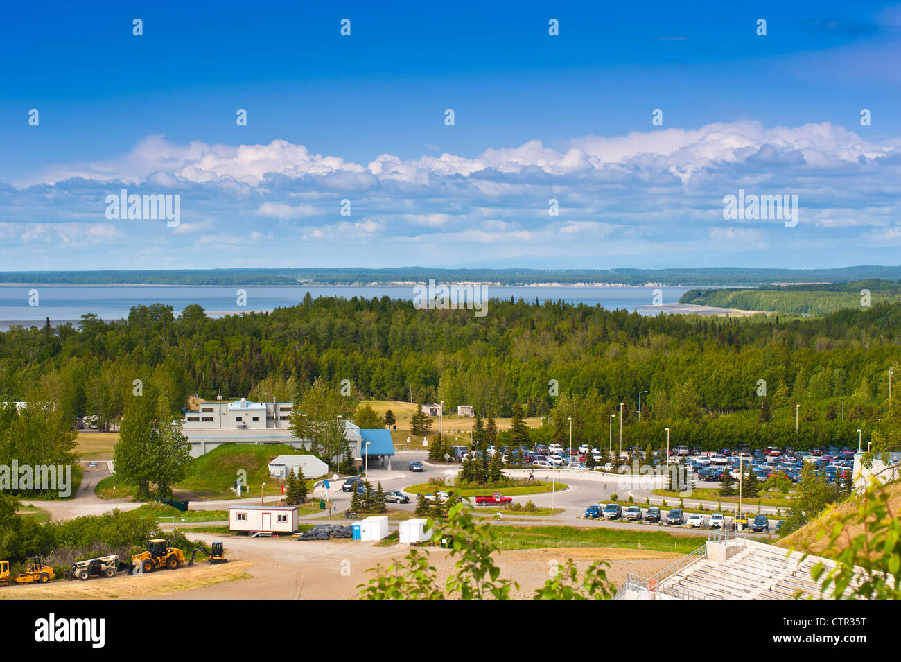 View overlooking the Kincaid Park Chalet and Cook Inlet, Anchorage, Southcentral Alaska, Summer Stock Photo