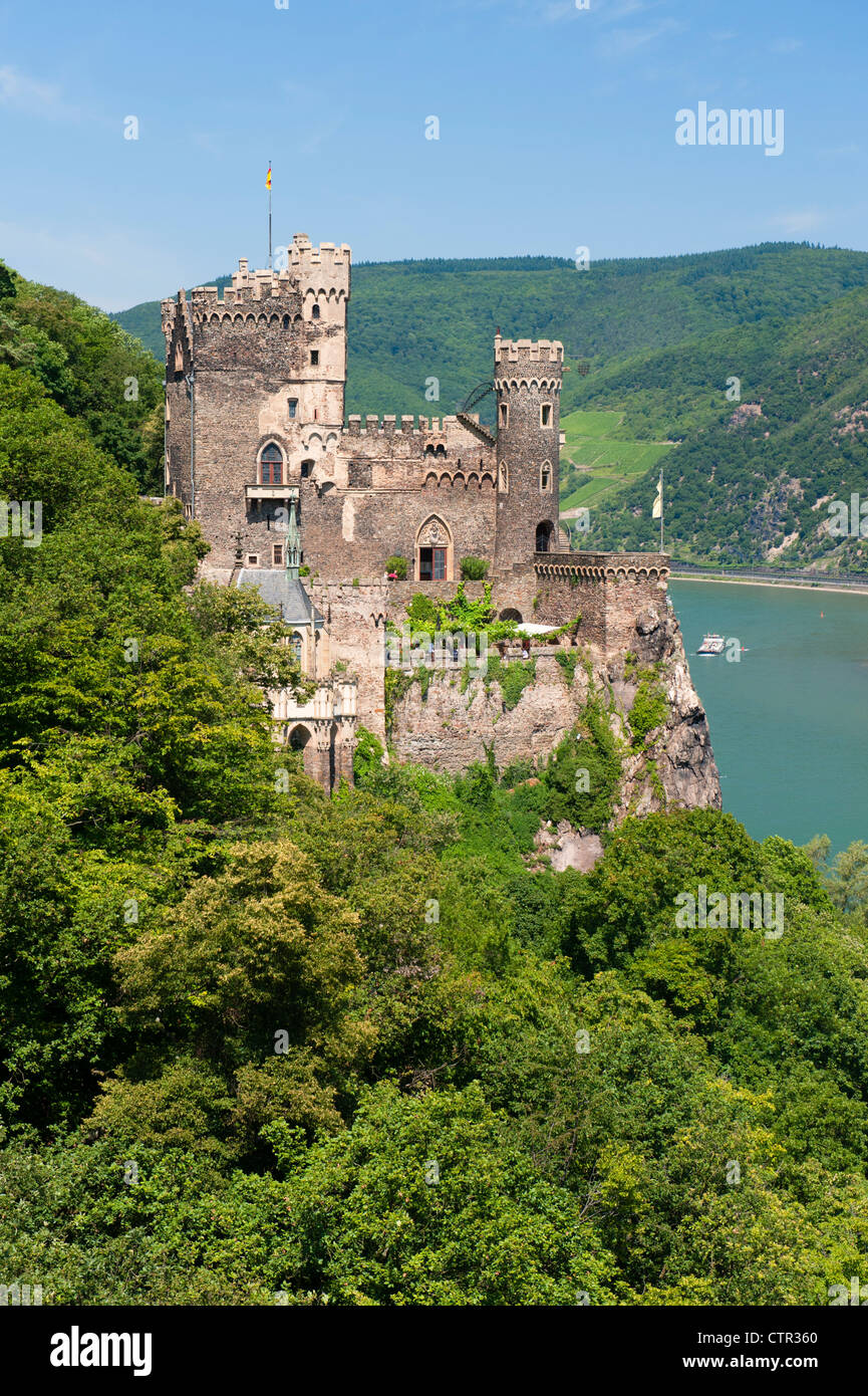 Burg Rheinstein castle above River Rhine in Germany Stock Photo