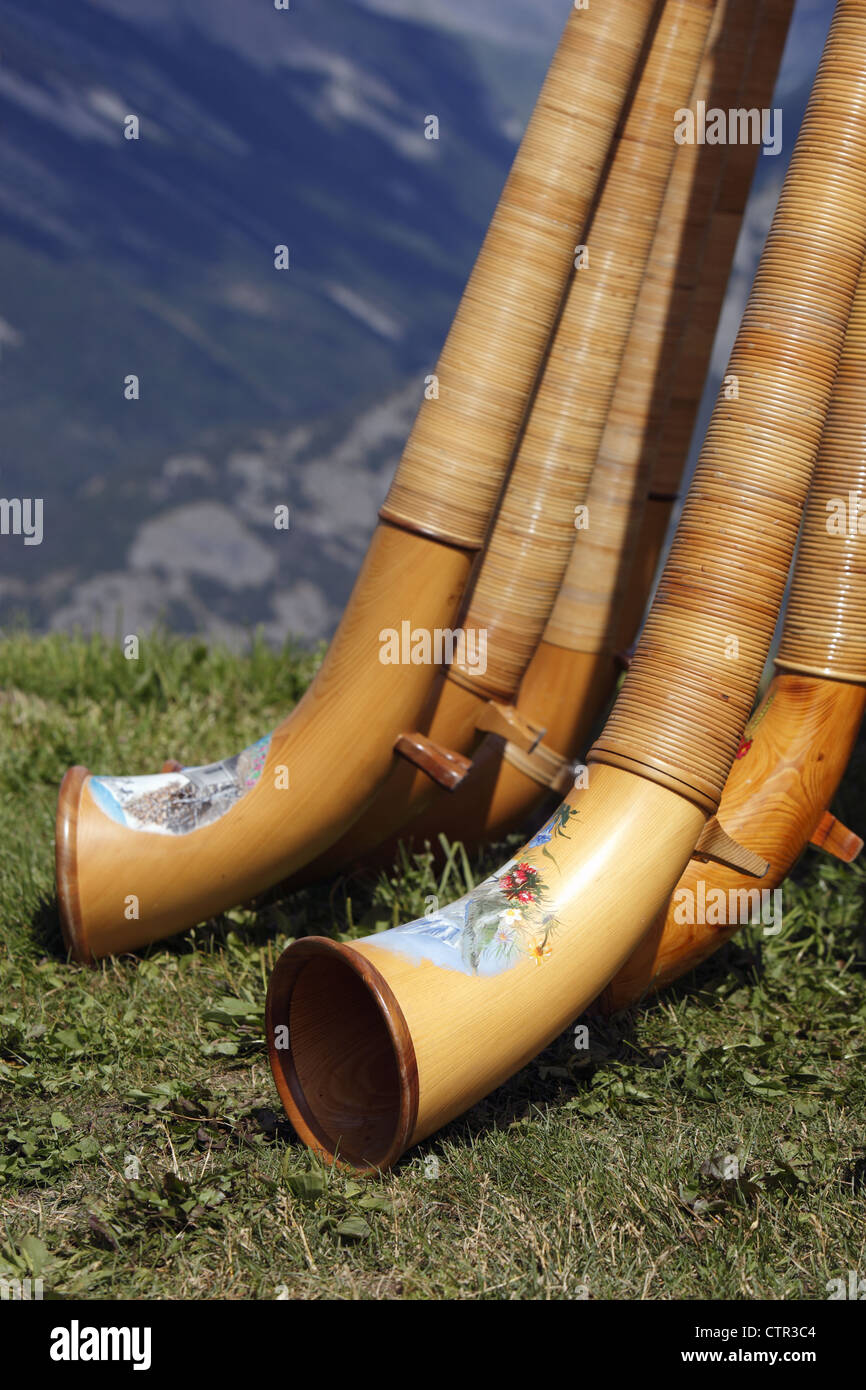 Alphorns decorated with Swiss scenes and flora & fauna at the Cor des ...