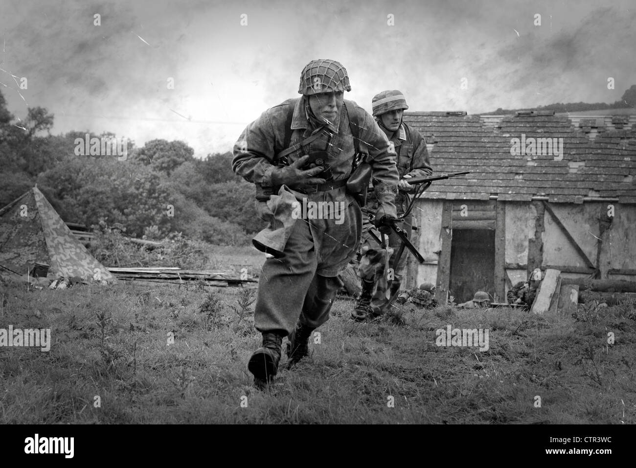 B/W image - German Soldiers in battle during the last months of WW2 Stock Photo