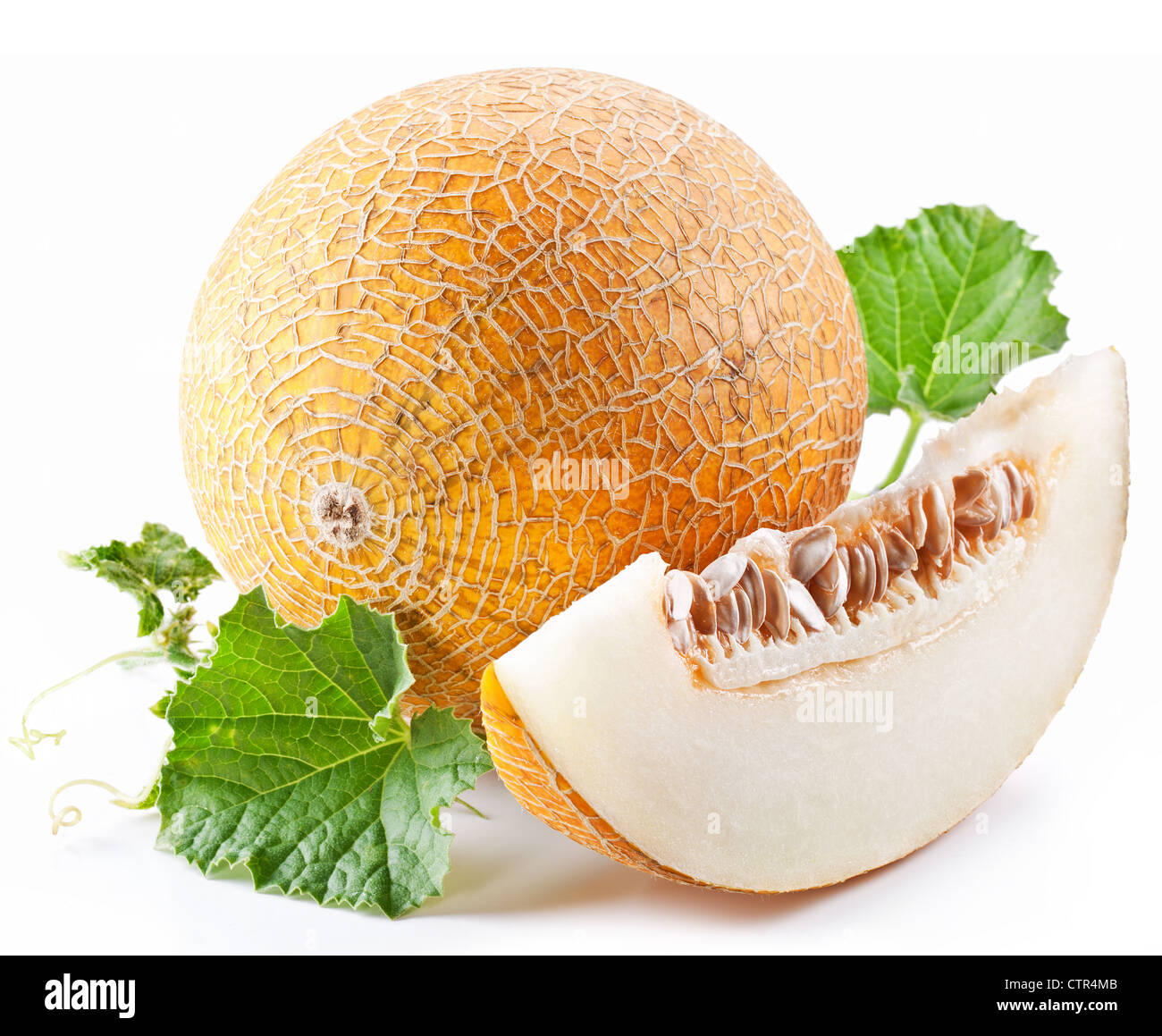 Melon with slices and leaves on a white background. Stock Photo