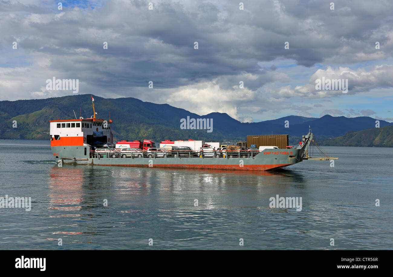 Car ferry from Tomok to Parapat on Lake Toba, the world's largest volcanic lake. North Sumatra, Indonesia Stock Photo