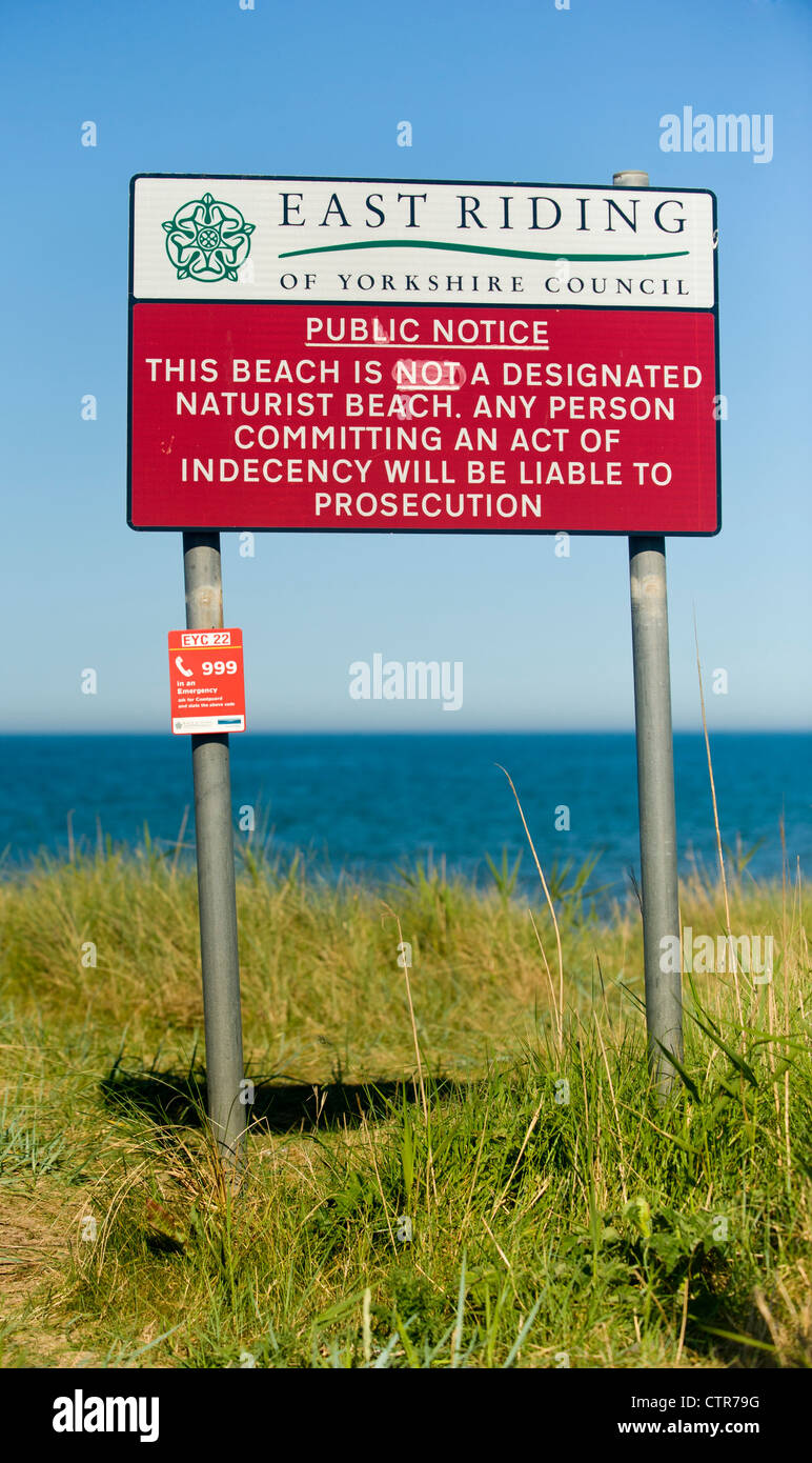 Warning Sign At Fraisthorpe A Former Naturist Beach In North Yorkshire