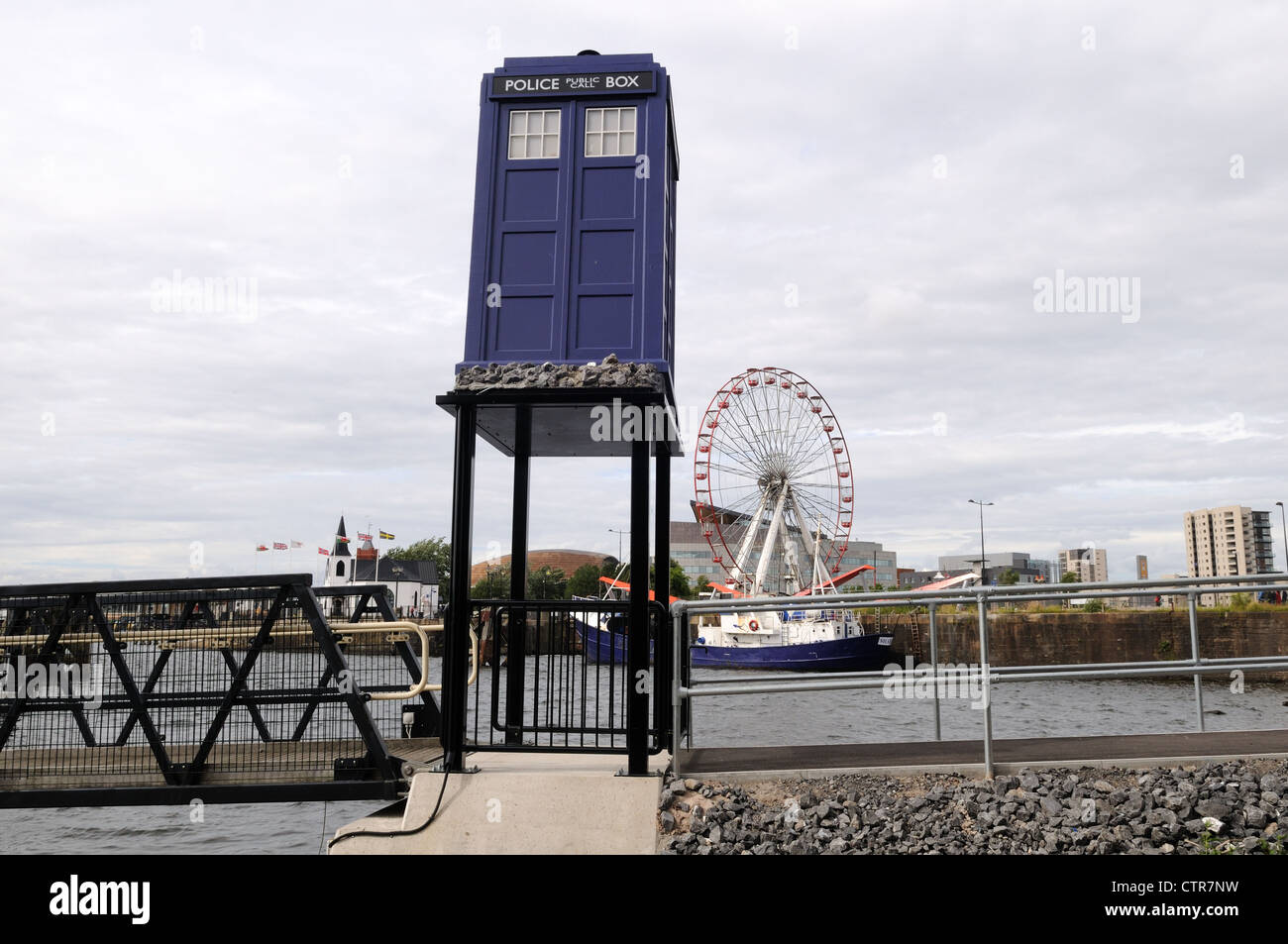 The Tardis outside The Doctor Who Experience  Building Porth Teigr Cardiff Bay Glamorgan Wales Cymru UK GB Stock Photo