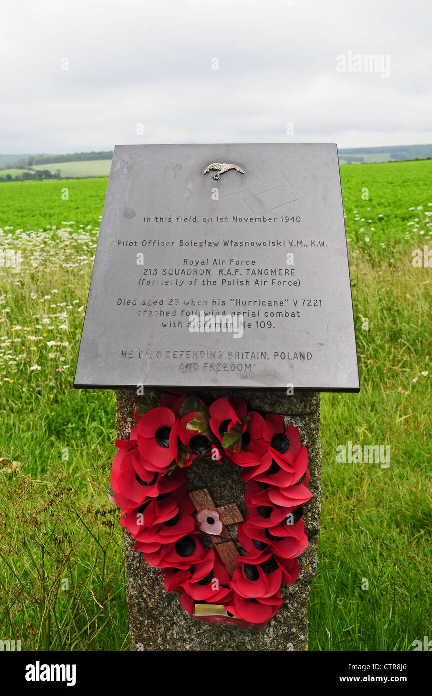 Memorial plaque to World War II fighter pilot on South Downs above Stoughton. Stock Photo
