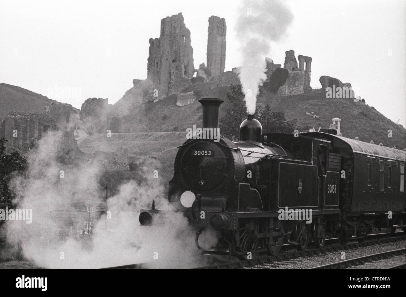 A Drummond design Class M7 Southern steam tank locomotive 30053 pulls its train past the ruins of Corfe Castle on the preserved Swanage Railway, The Purbeck Line, Dorset, South West, England. UK Stock Photo