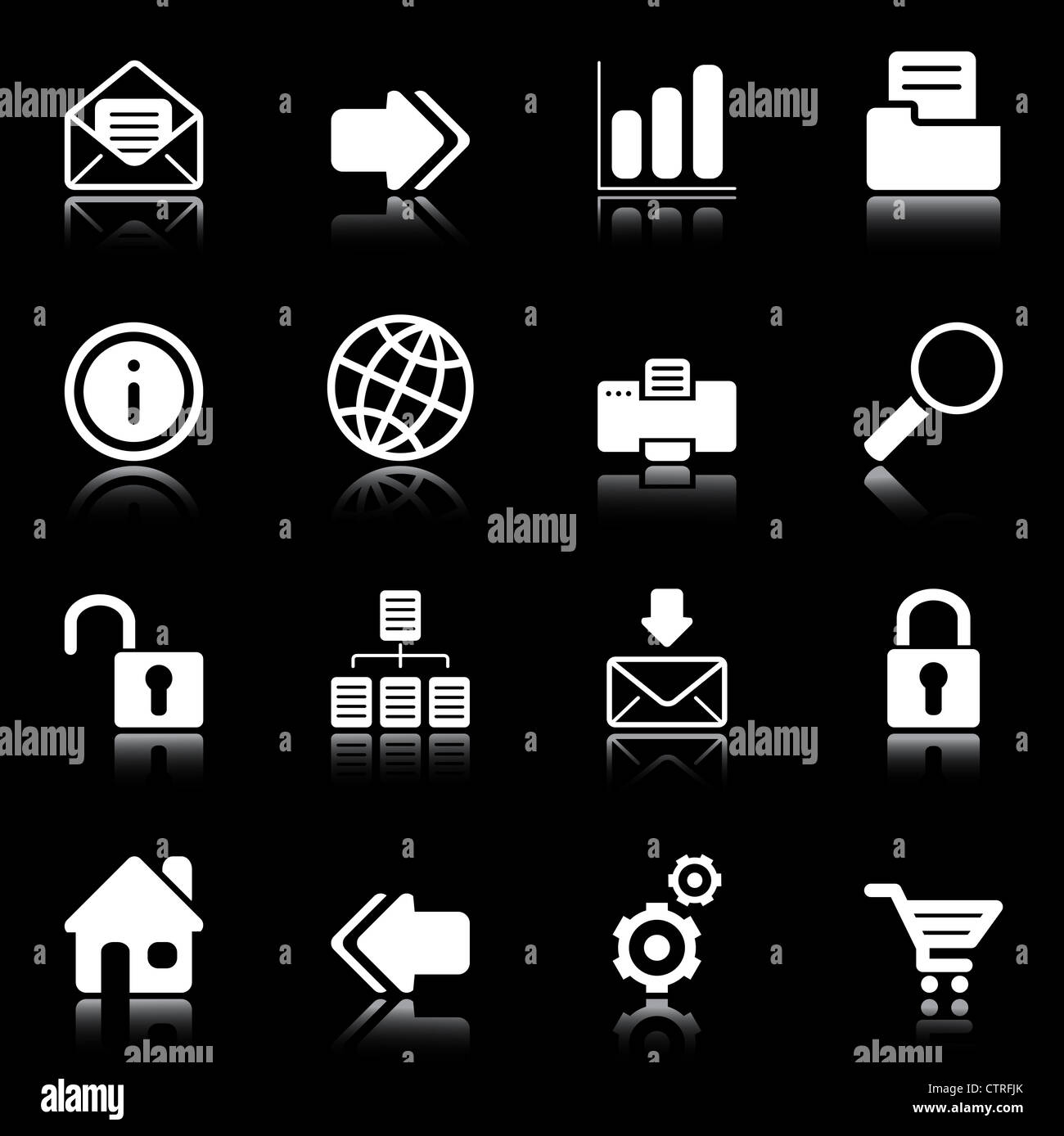 Web and Internet icons reflected on black background, isolated objects Stock Photo