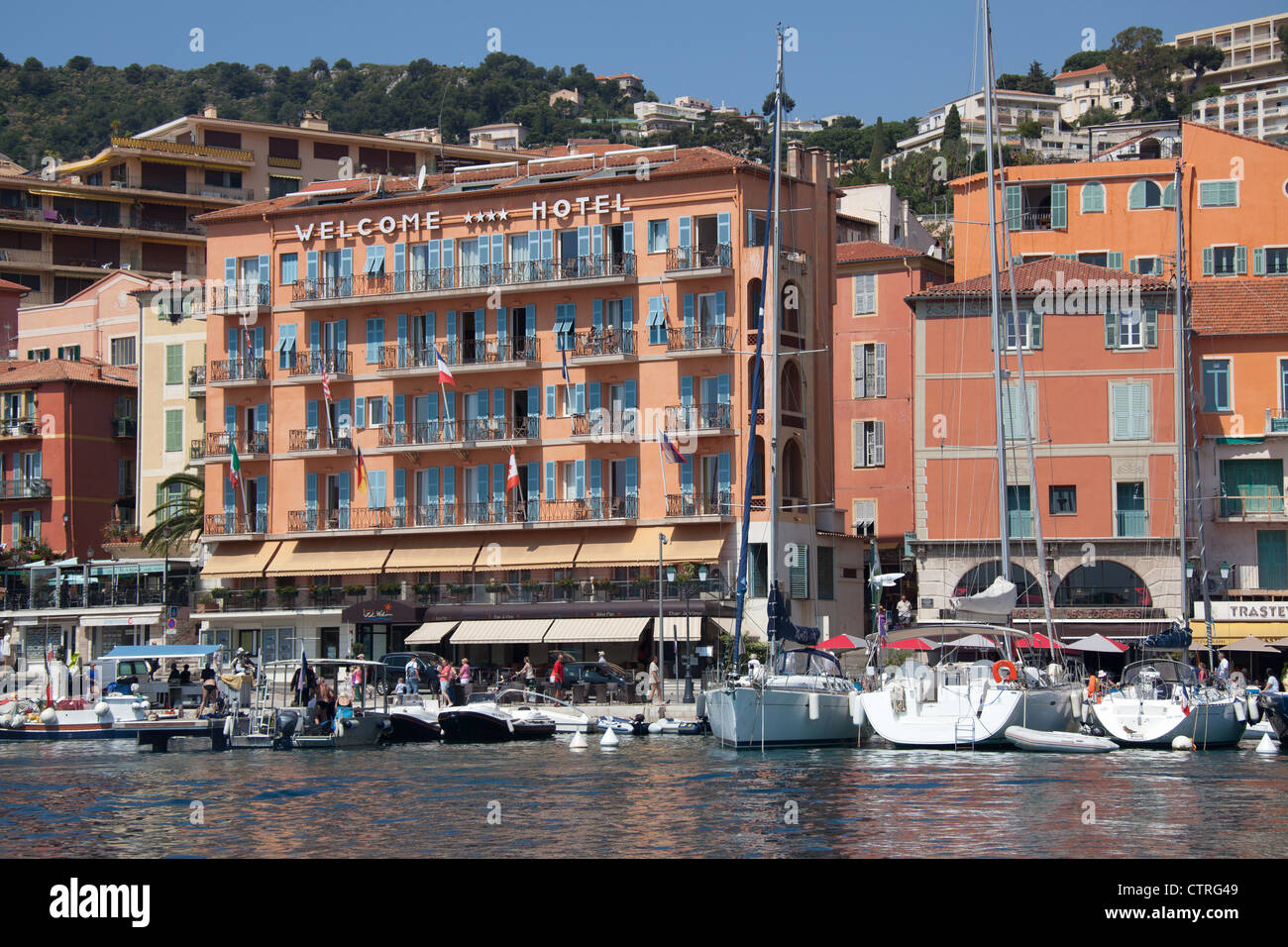 Town of Villefranche, France. Picturesque summer view of Villefranche-Sur-Mer waterfront and harbour. Stock Photo