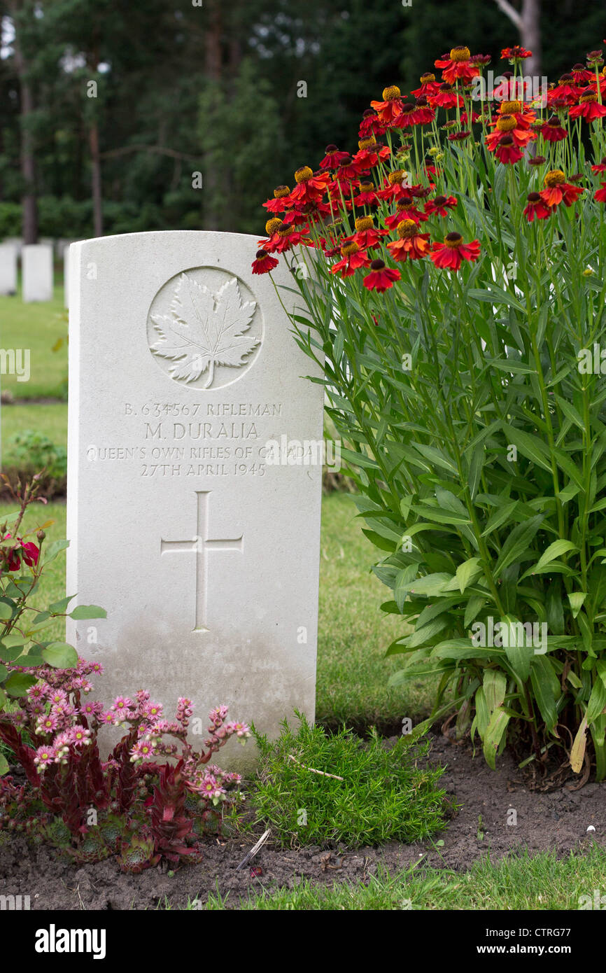 Flowers in bloom around the Canadian military grave markers at Brookwood Cemetery Stock Photo