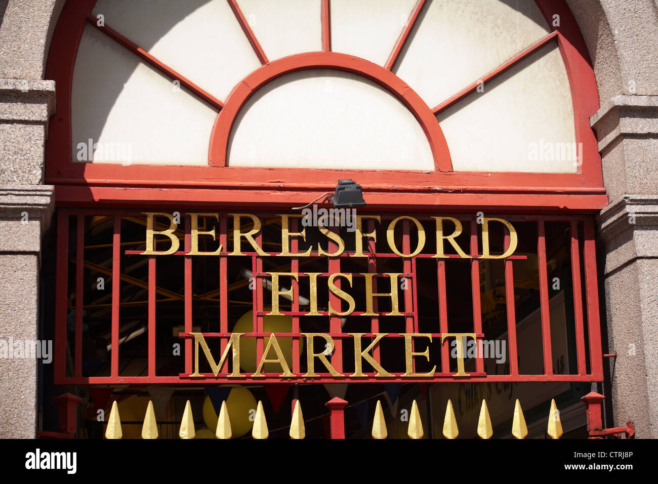 sign at entrance to Beresford Fish Market at St Helier, Jersey in July