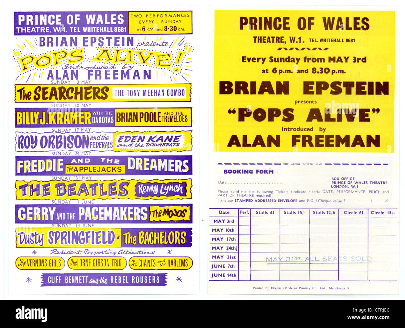 001011 - The Beatles Pops Alive Handbill from the Prince Of Wales Theatre, London on 31st May 1964 Stock Photo
