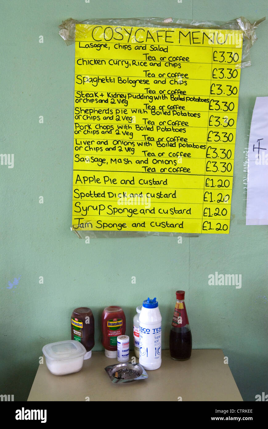 Greasy spoon cafe menu London menus on wall. East Cross Centre