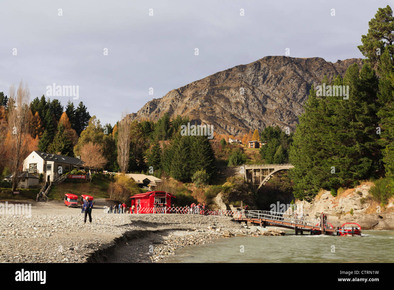 Shotover jet boating company base in Shotover River canyon with landing